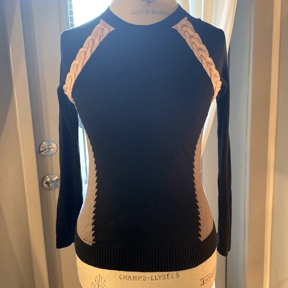 SI-IAE cableknit trim sweater shirt longsleeve black tan & gray cashmere top XS‌ - Picture 3 of 7